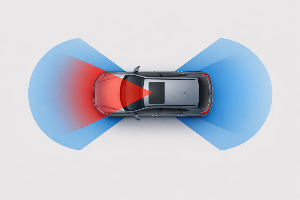 Top-down view of a car showing camera and radar sensor coverage zones used in ADAS