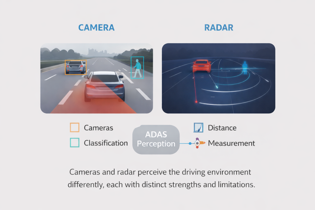 Comparison of camera and radar perception in ADAS, showing visual object classification versus distance and speed measurement
