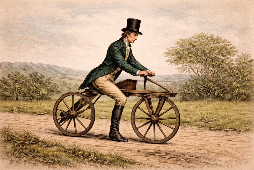 Early human-powered draisine two-wheeler with wooden frame and direct steering, early 19th century