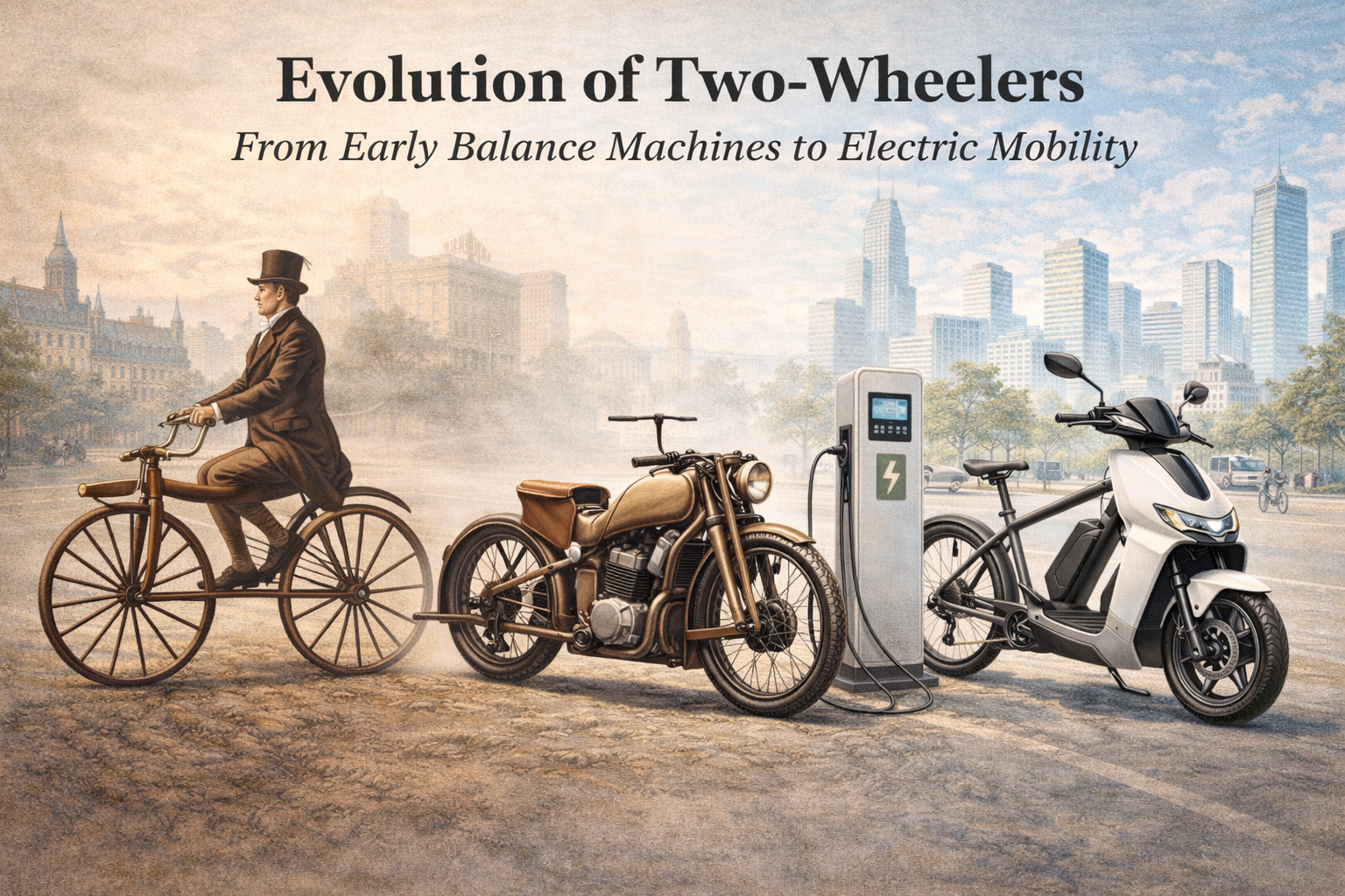 Evolution of two-wheelers showing a draisine, early petrol motorcycle, and modern electric scooter representing two-wheeler mobility history