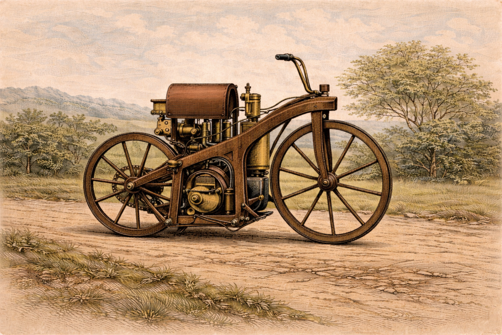 Daimler–Maybach Reitwagen 1885, the first petrol-powered motorcycle with a wooden frame and early internal combustion engine